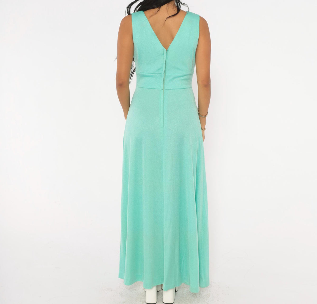 70s Mint Green Maxi Dress Sleeveless V-Neck Empire Waist A-Line Small