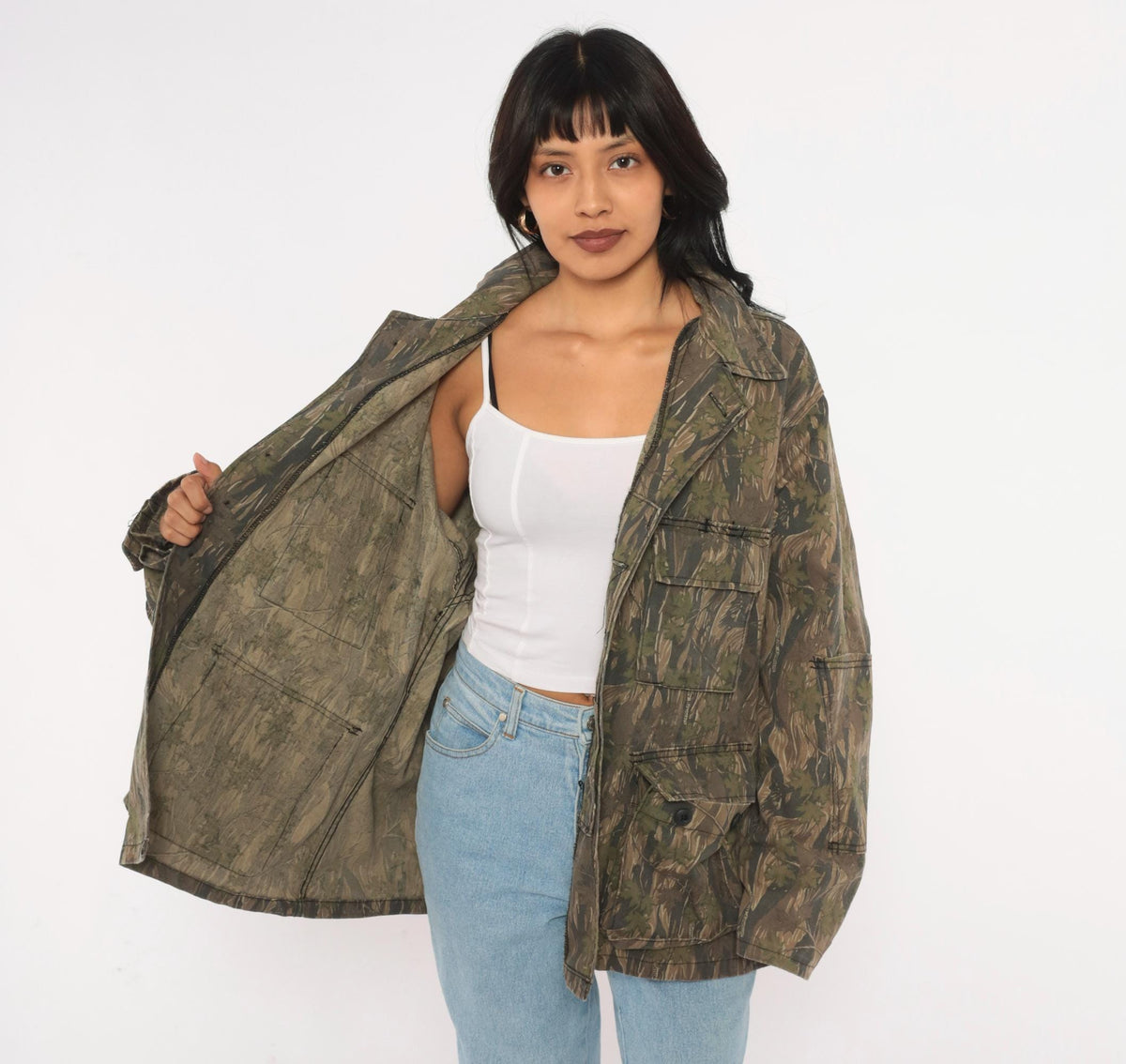 90s Camo Shirt Jacket Olive Brown Tree Leaf Print Button Front Cotton Large L