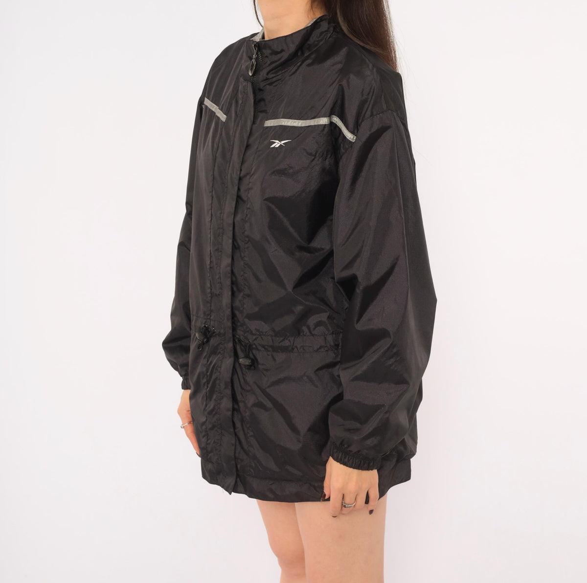 90s Reebok Windbreaker Jacket Black Grey Reflective Stripe Medium M