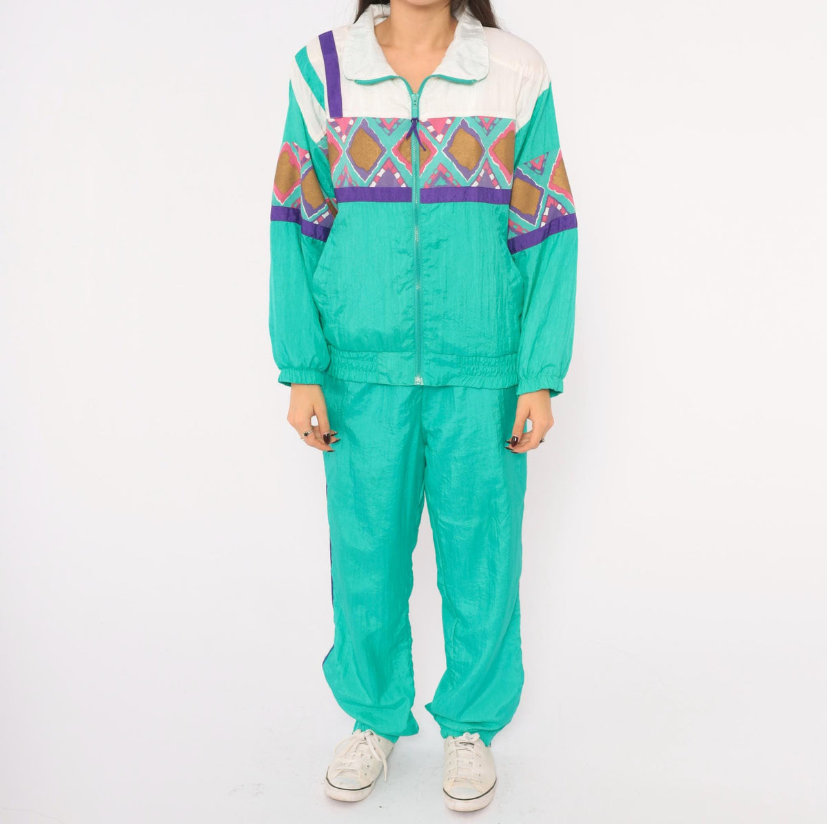 90s PS Sport Teal Tracksuit Set Windbreaker Jacket Jogger Pants Geometric Diamond Print Small