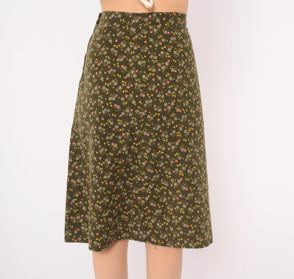 70s Olive Green Ditsy Floral A-Line Skirt High Waist Prairie Extra Small XS