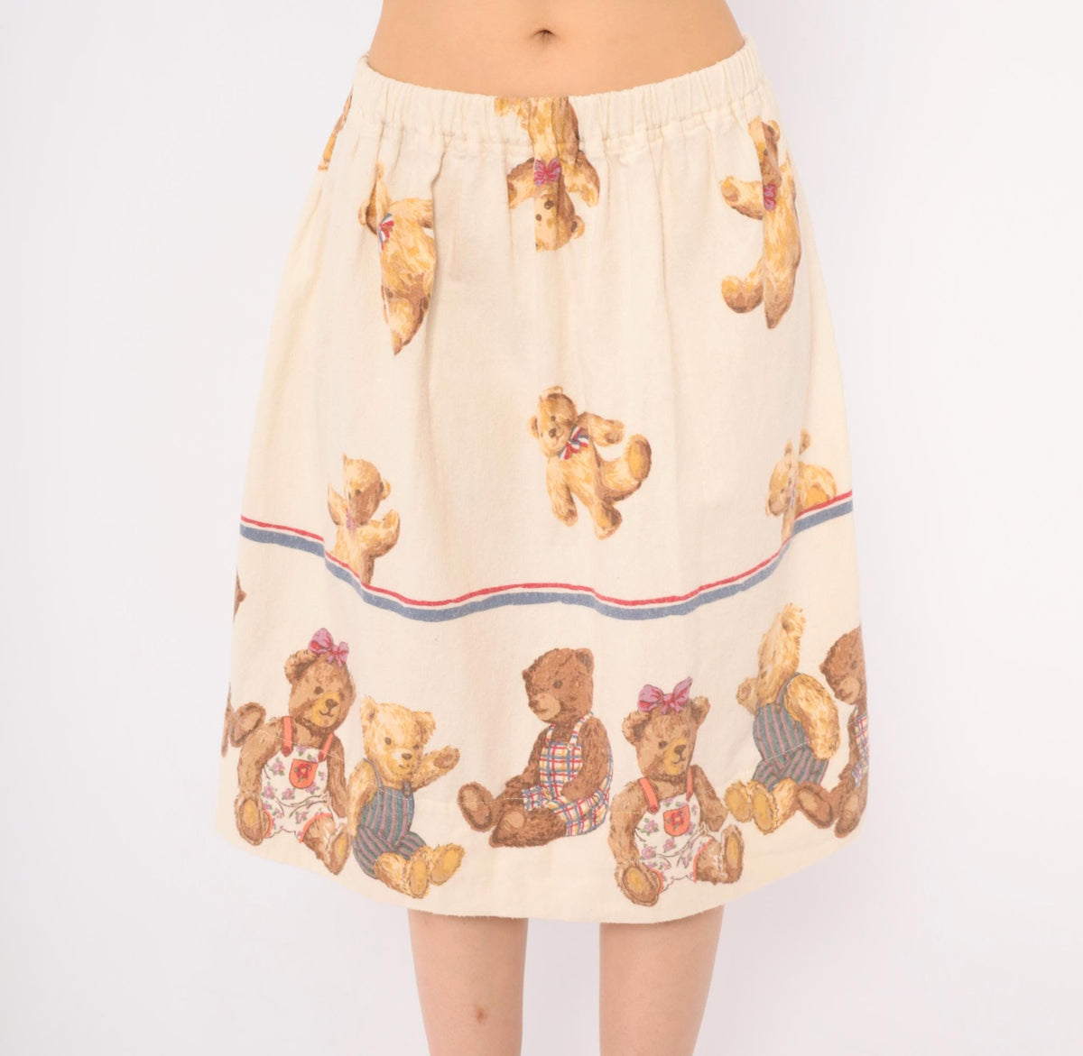80s Teddy Bear Print Cotton Flannel Skirt Cream A-Line Medium