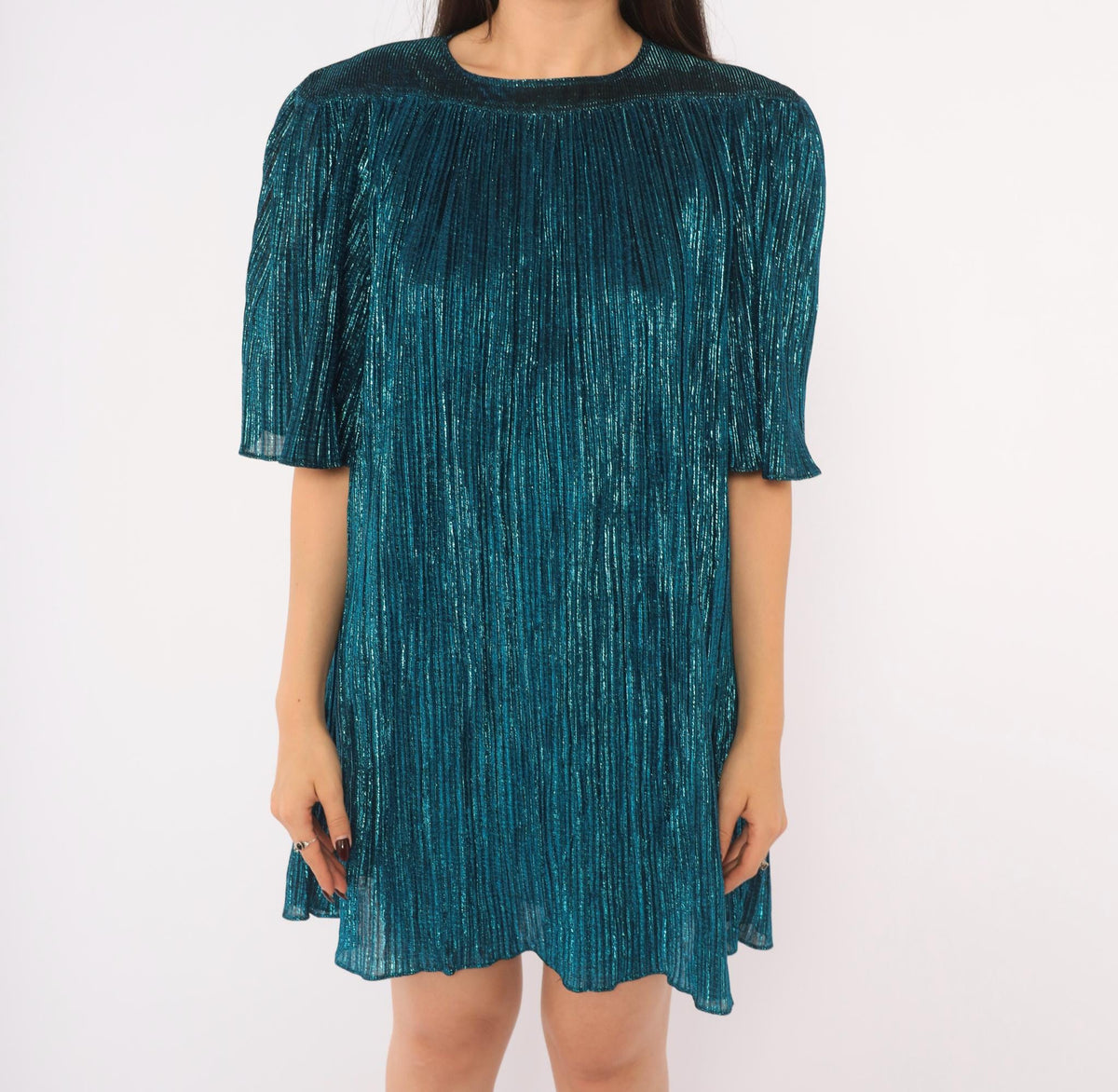 80s Risa Ann Teal Metallic Party Dress Plisse Pleated Flutter Sleeve Large