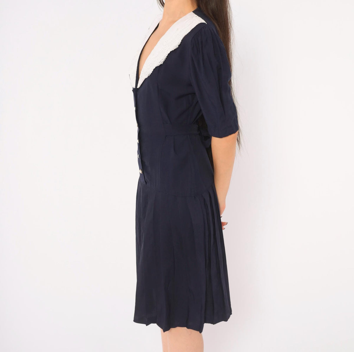90s Navy Lace Collar Dress White Pearl Buttons Puff Sleeve Pleated Skirt Small