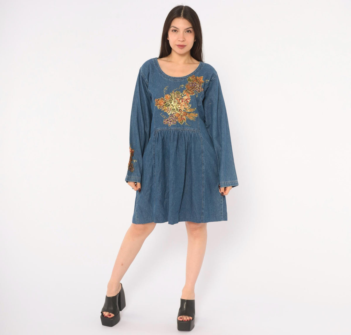 80s Sun Belt Denim Dress Hand Painted Grapes Gold Glitter Blue Cotton Large