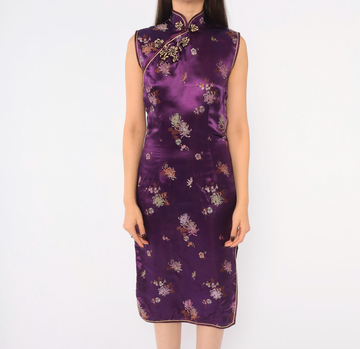 Y2K Purple Cheongsam Dress Floral Brocade Mandarin Collar Frog Button XS