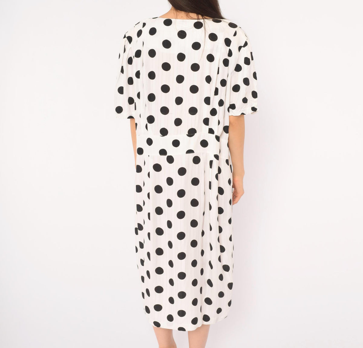 90s Success Dress Polka Dot White Black Button Front Knee Dress Extra Large