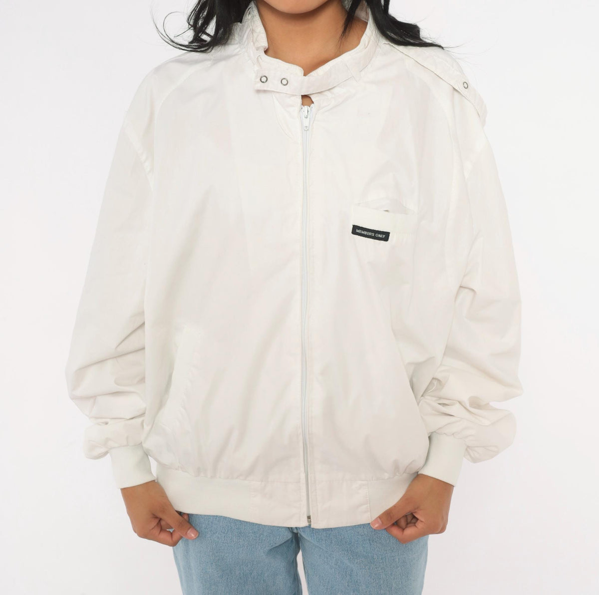 80s Members Only Bomber Jacket White Zip Front Raglan Windbreaker Small
