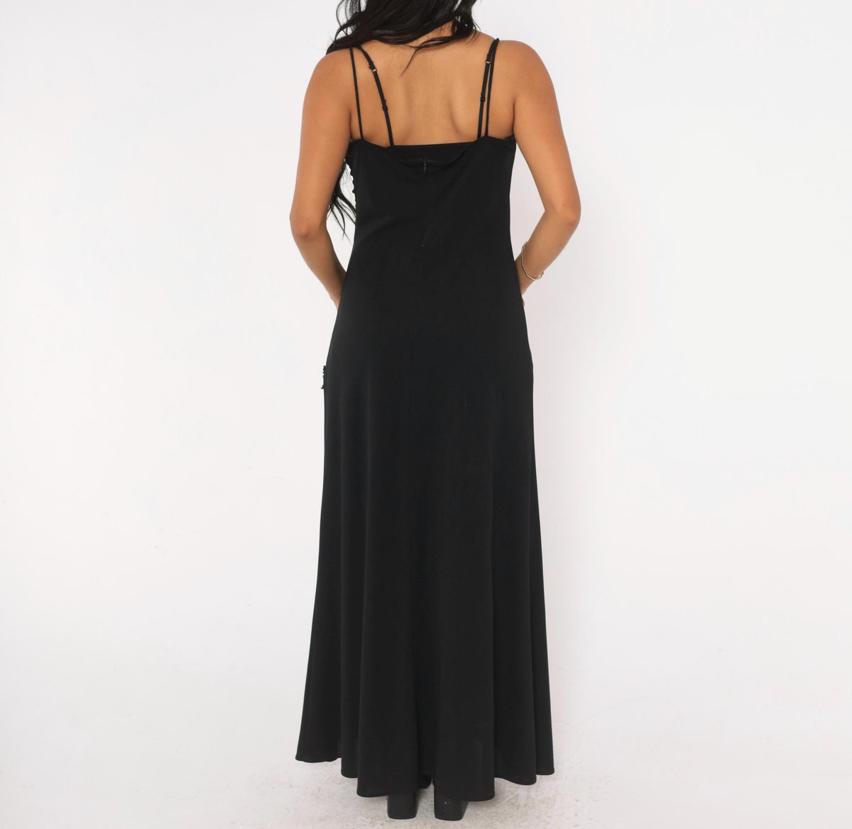 90s Scarlett Black Maxi Dress Beaded Trim Ruched Square Neck Medium M