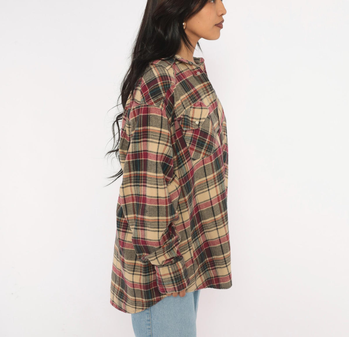 90s Plaid Flannel Shirt Tan Burgundy Pearl Snap Western Yoke Extra Large XXL