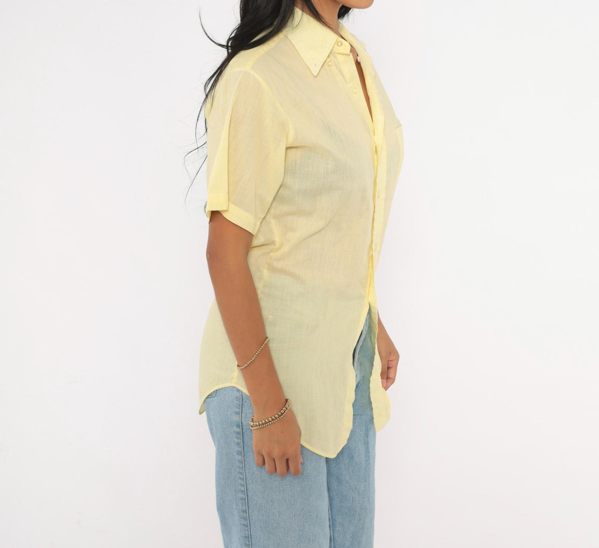 70s Yellow Cotton Button Up Shirt Short Sleeve Pointed Collar Chest Pocket Extra Small XS