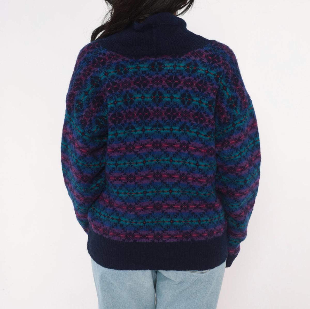 80s Fair Isle Cardigan Navy Wool Blend Shawl Collar Double Breasted Medium M