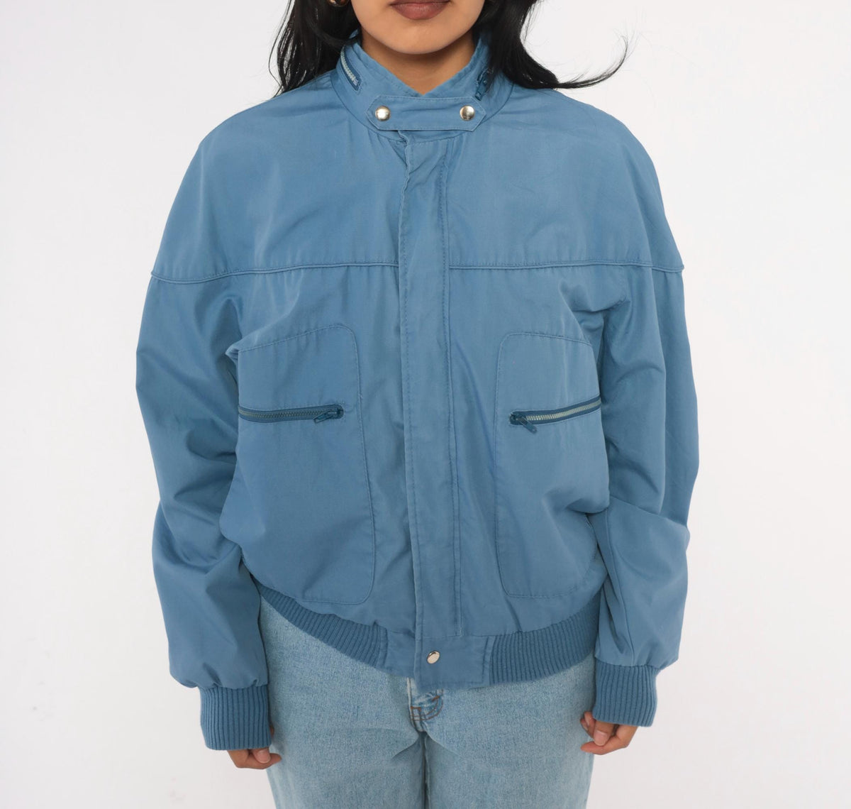 80s Crossings Bomber Jacket Slate Blue Dolman Sleeve Zip Front Medium