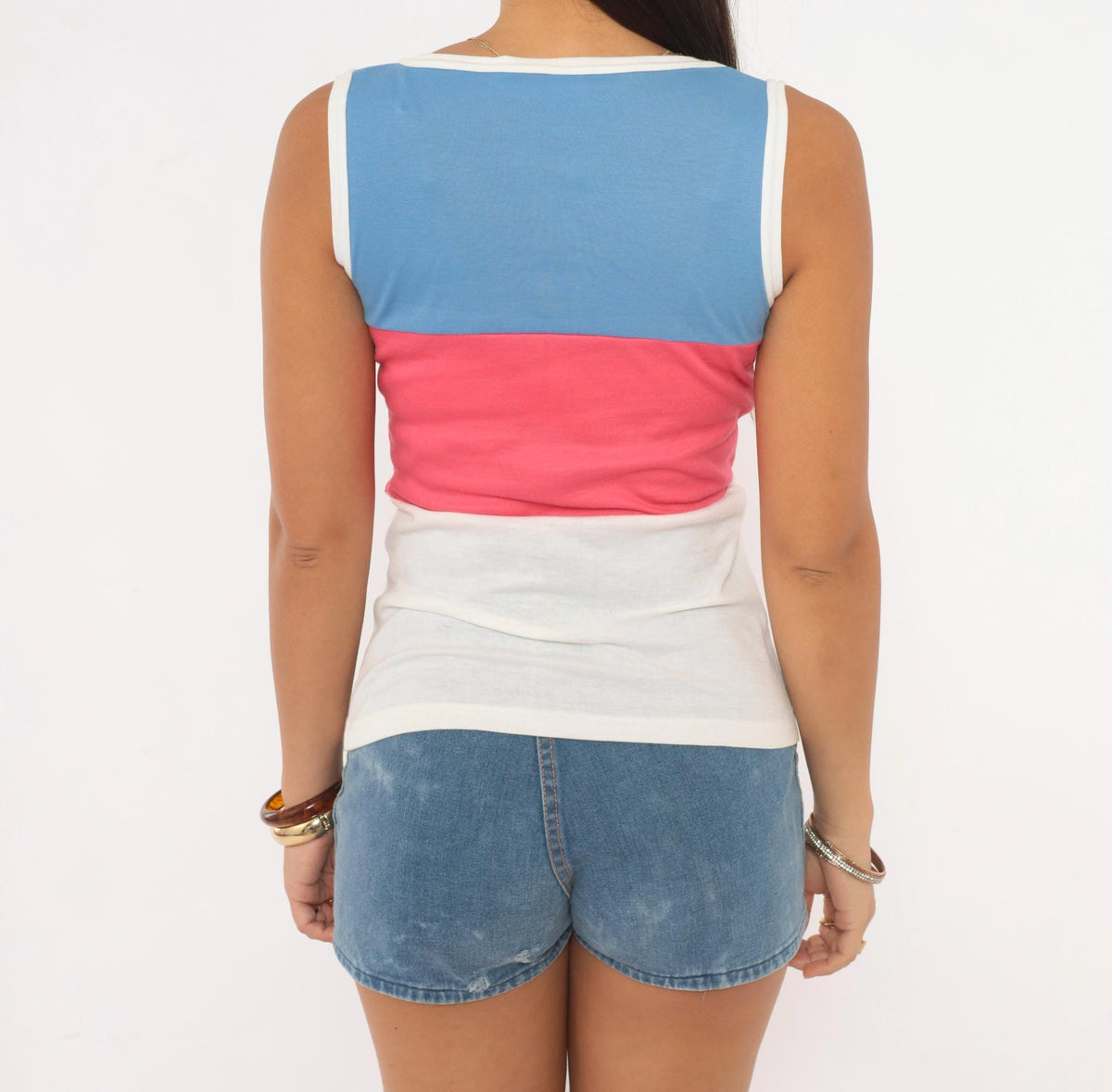 80s Color Block Tank Top Blue Pink White Cotton Sleeveless Extra Small XS