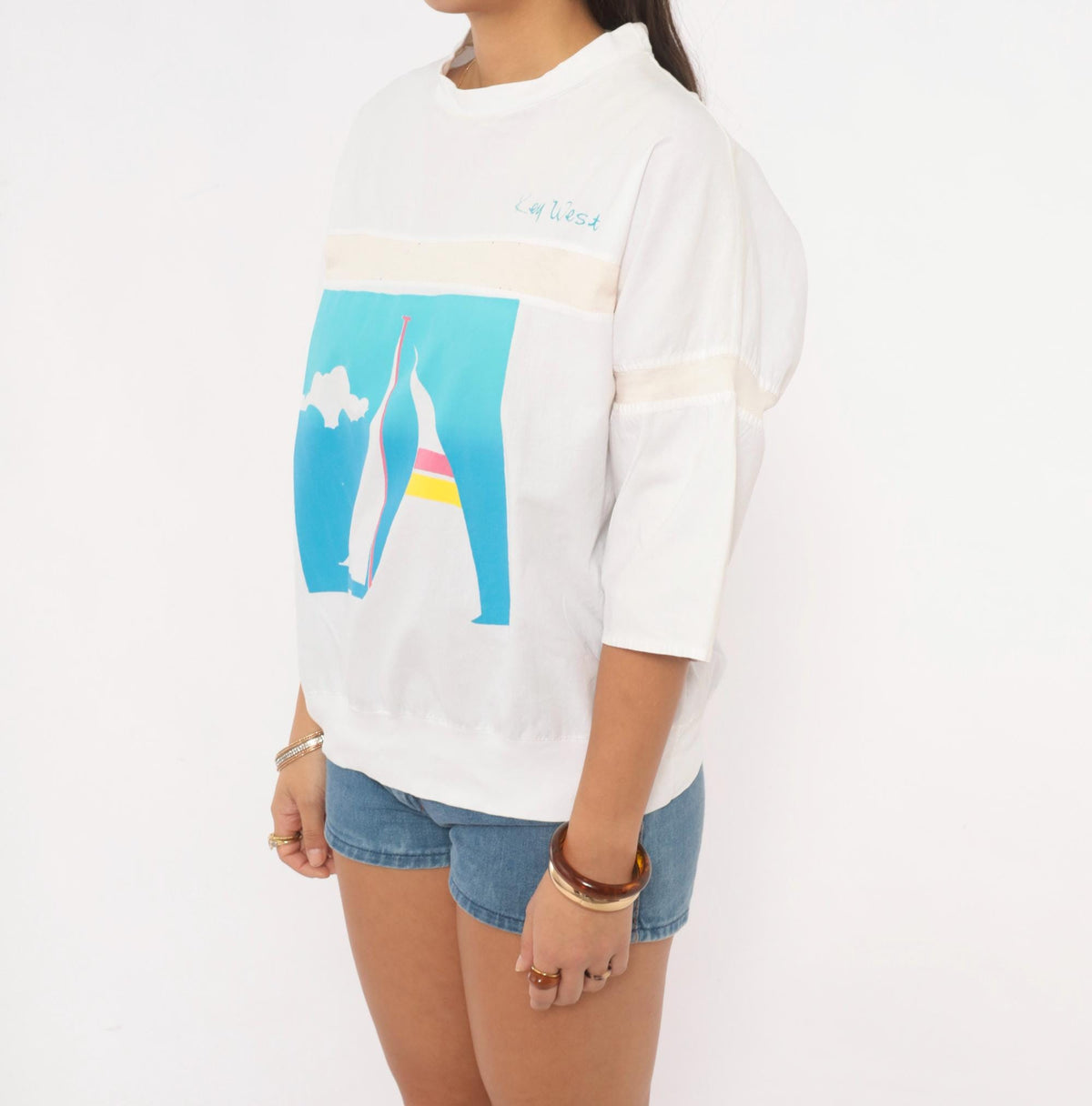 80s Raz Key West Sailboat Graphic Tee White Three Quarter Sleeve Large