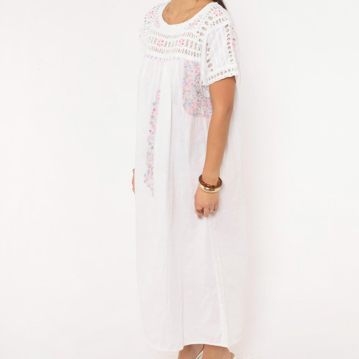 80s Mexican Embroidered Dress White Floral Crochet Lace Yoke Midi Large
