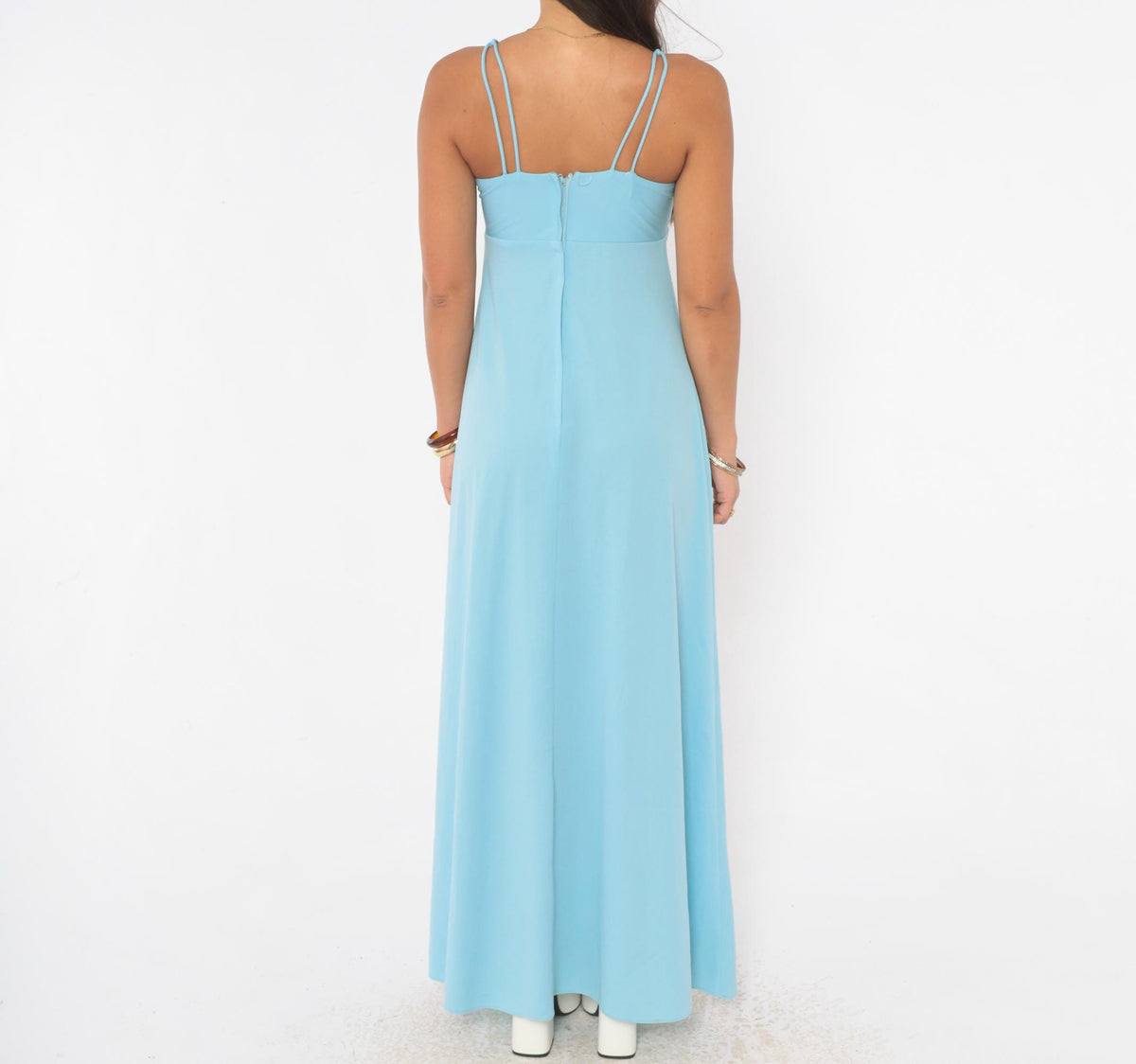70s Light Blue Maxi Dress Empire Waist Tie Front Spaghetti Strap Extra Small
