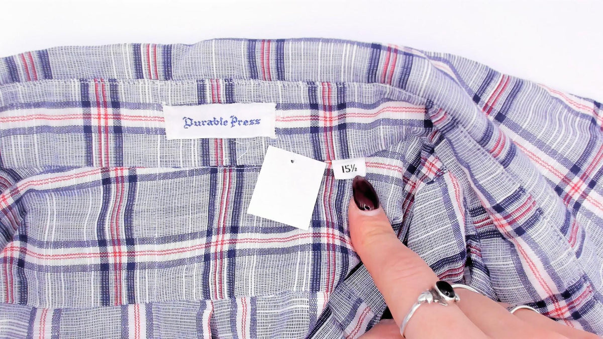 80s Durable Press Plaid Button-Up Shirt Blue Red Check Short Sleeve Medium