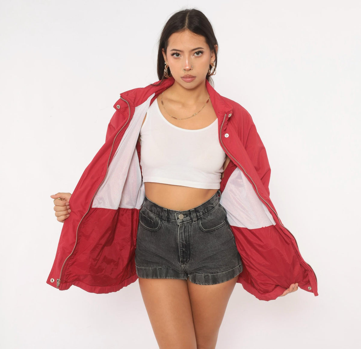 90s Eddie Bauer Red Nylon Windbreaker Jacket Raglan Snap Collar Medium M