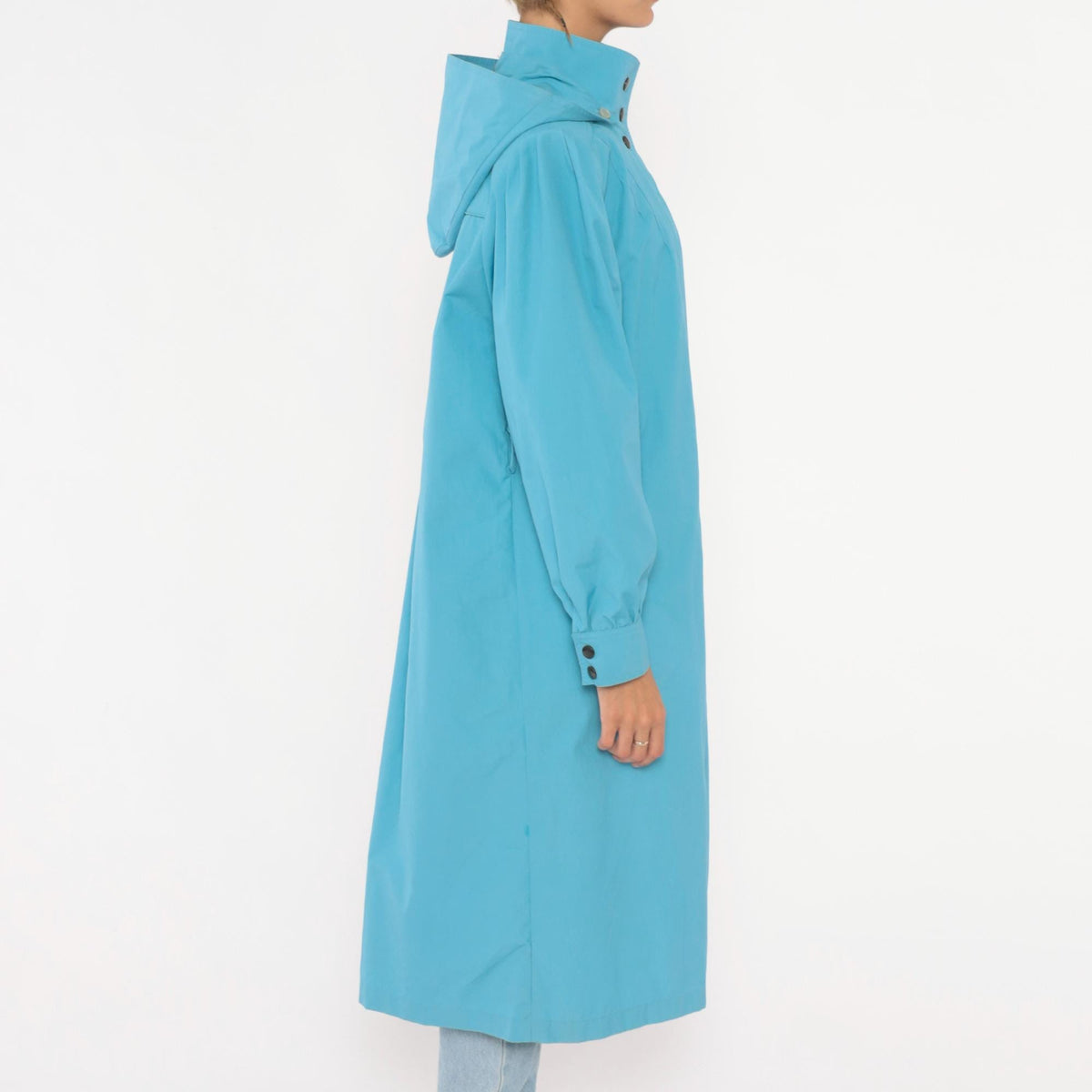 70s Blue Hooded Raincoat Snap Front Trench Puff Sleeve Medium