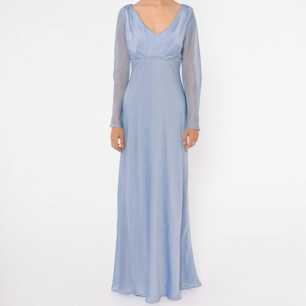 90s Michaelangelo Periwinkle Maxi Dress Empire Waist Beaded V Neck Small