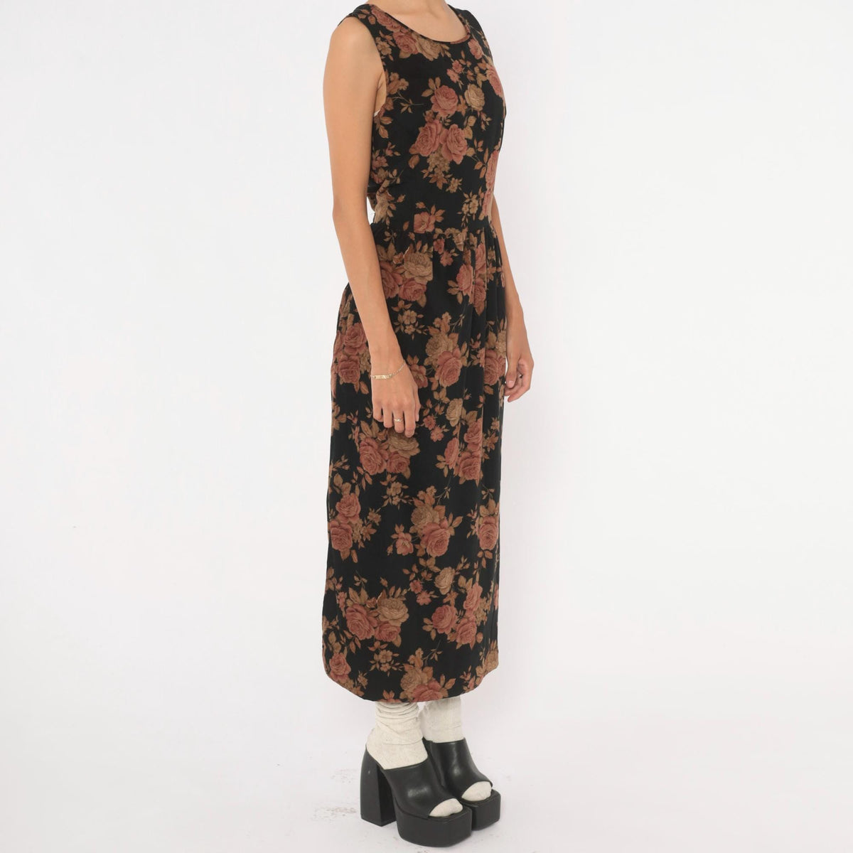 90s Black Floral Velour Dress Rose Print Tie Back Ankle Length Small S
