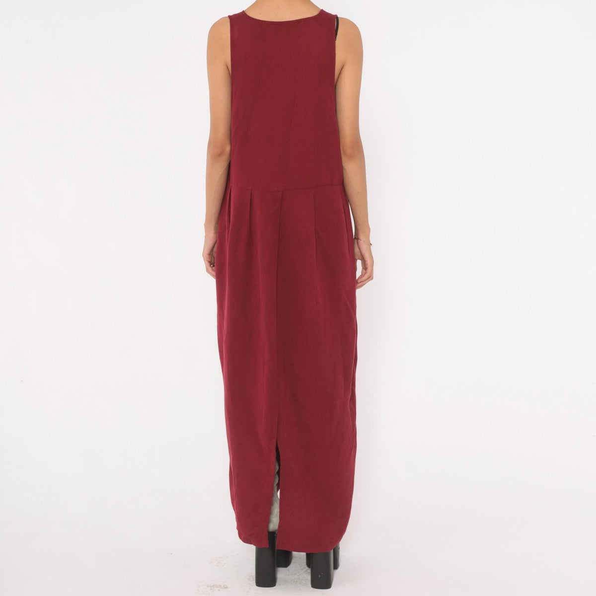 90s Burgundy Maxi Pinafore Dress V Neck Double Breasted Sleeveless Medium M