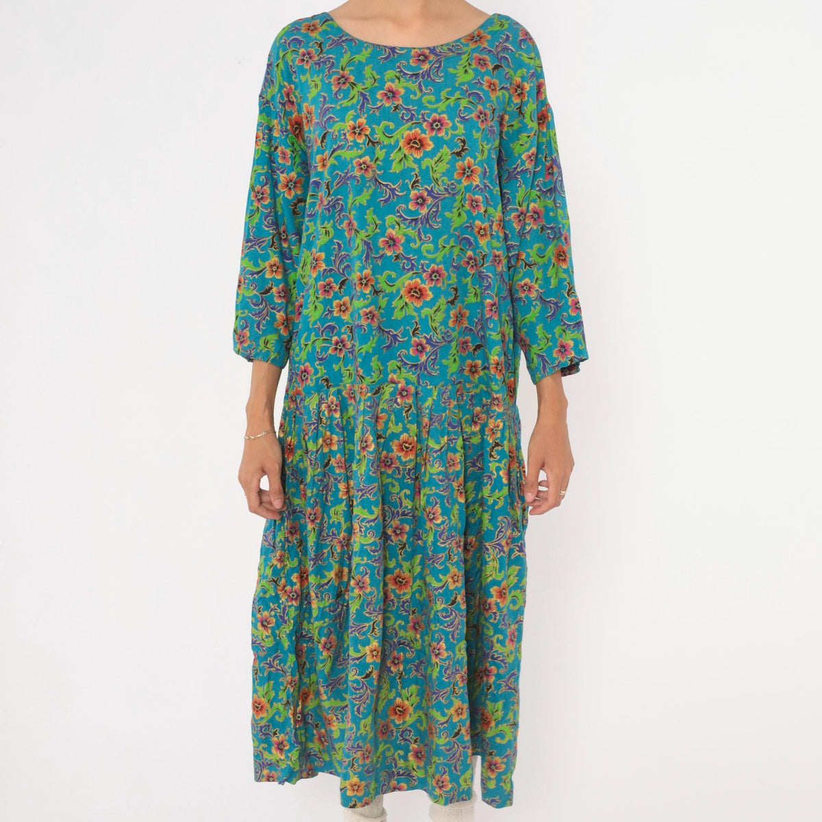 80s Passports Floral Midi Dress Teal Drop Waist Pockets Large L