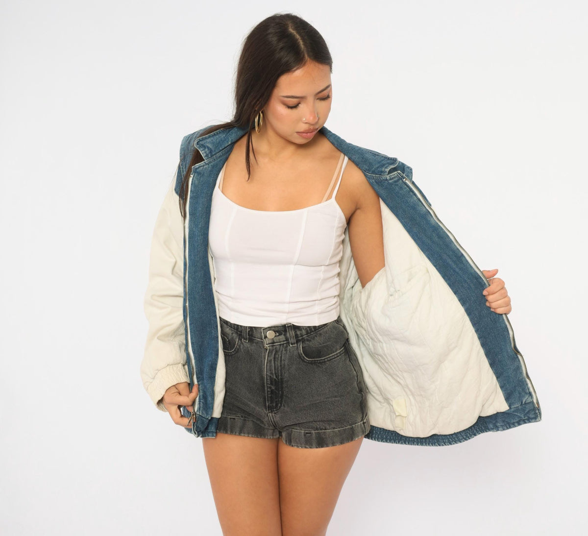 90s Dash Denim Bomber Jacket Blue Cream Color Block Dolman Large