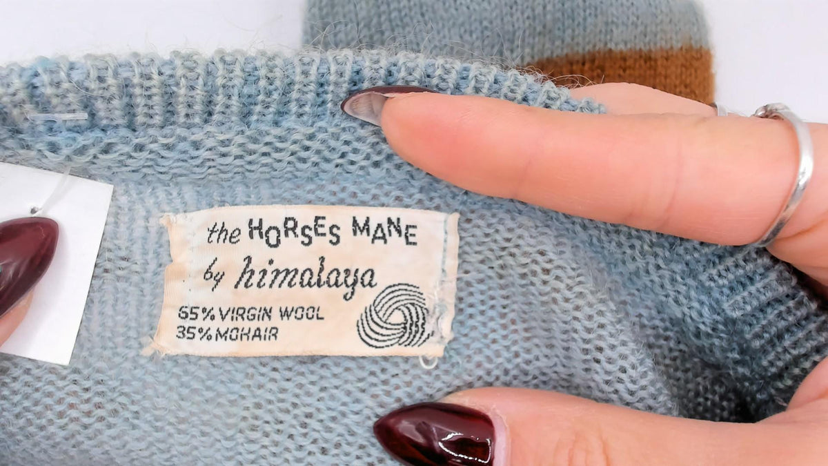 80s The Horses Mane Striped Mohair Wool Sweater Blue Brown Medium