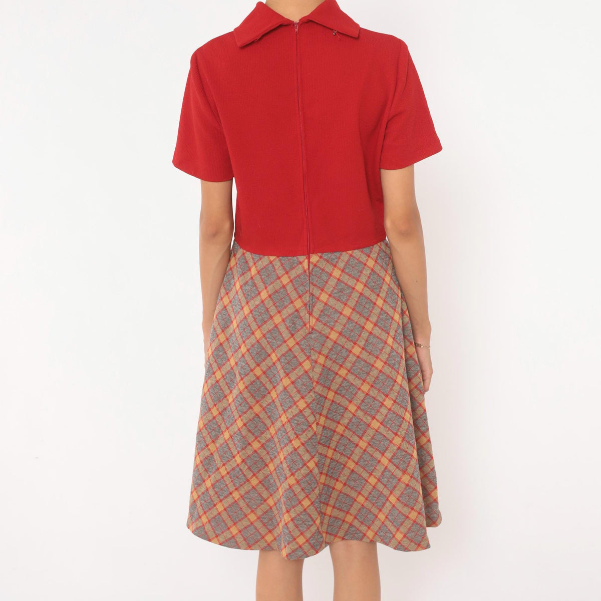 60s Mod Dress Red Plaid A-Line Mock Neck Short Sleeve Knee Length Medium M