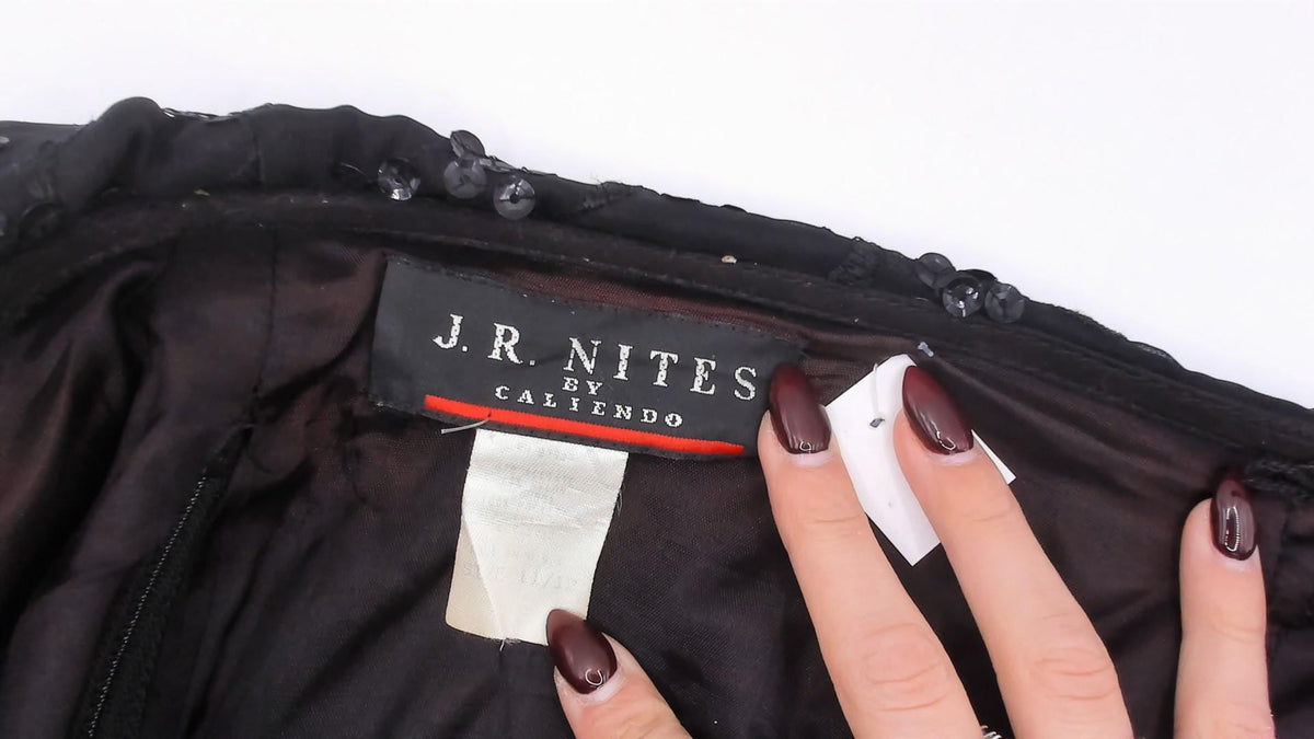 90s J. R. Nites Black Sequin Maxi Dress Off-Shoulder Floral Embroidered Collar Large L