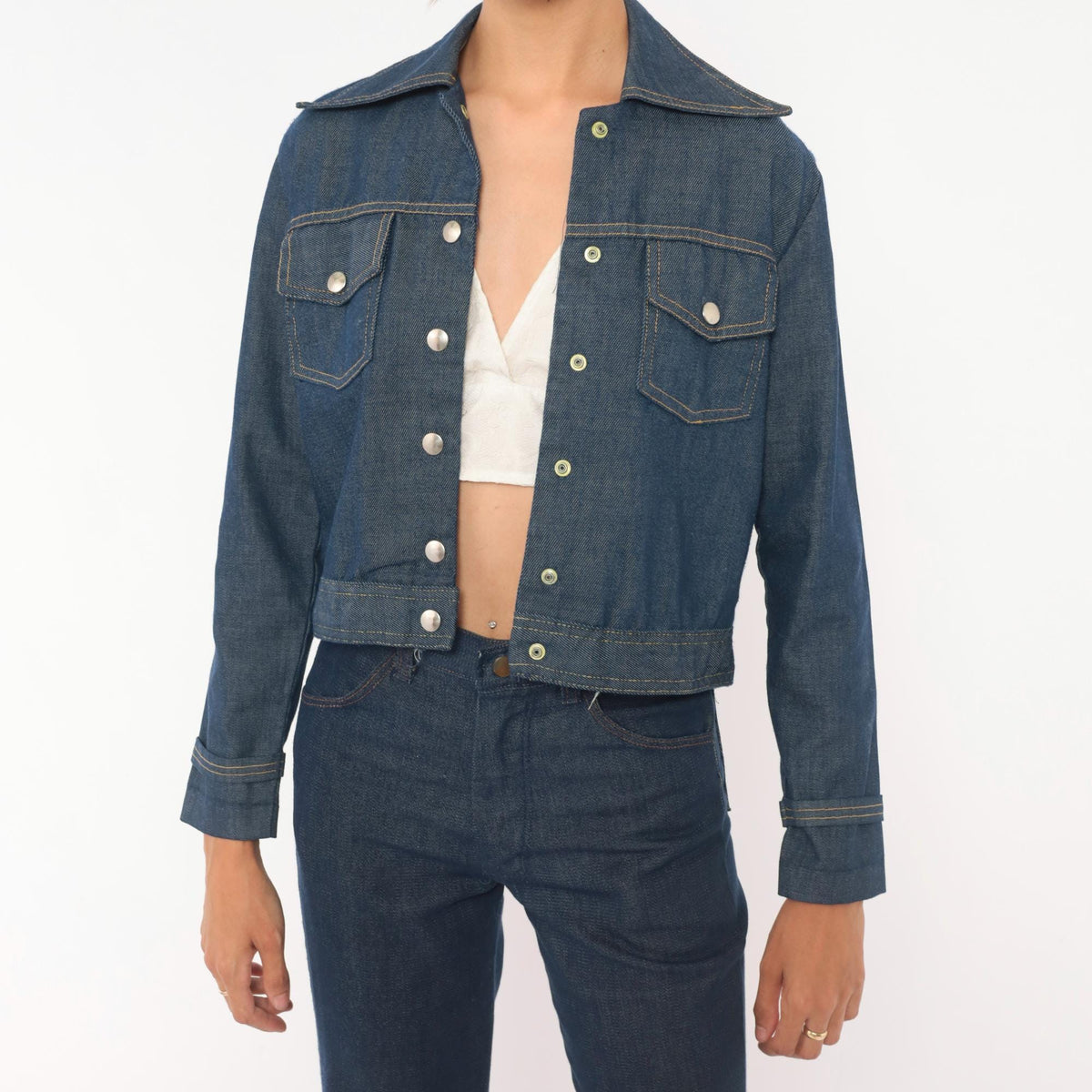 80s Bogart of Texas Denim Two Piece Set Cobalt Blue Cropped Jacket Flare Jeans Extra Extra Small XXS