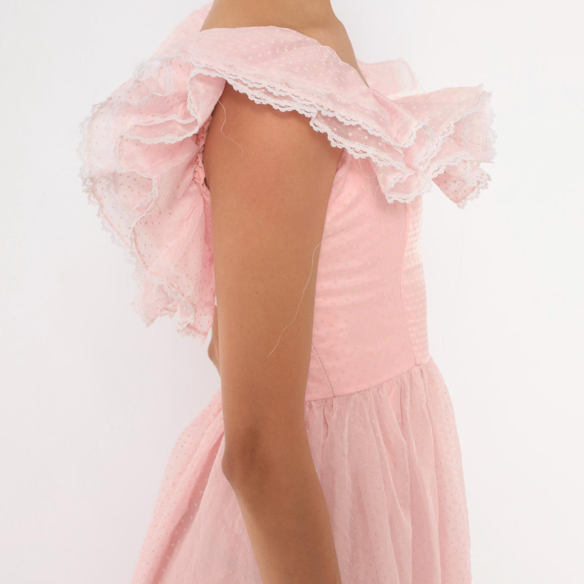 70s Pink Swiss Dot Midi Party Dress Ruffle Neckline Lace Trim XXS