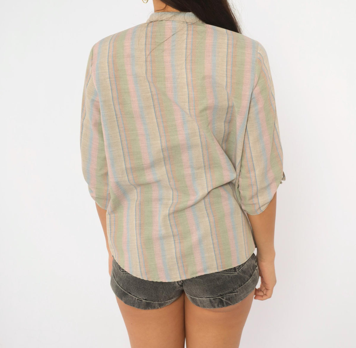 80s Caribou Pastel Striped Cotton Blouse Tie Sleeve Collared V Neck Large L
