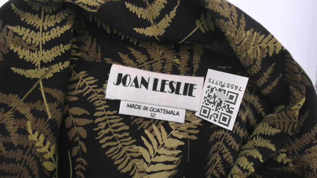 90s Joan Leslie Fern Print Camp Collar Shirt Black Olive Botanical Large L