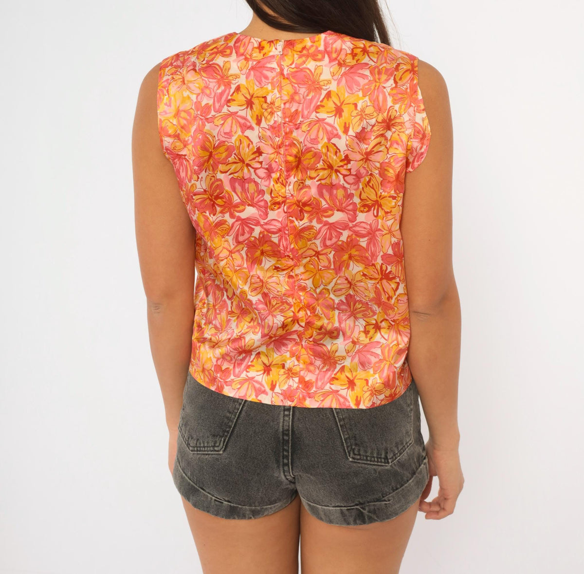 60s Butterfly Floral Sleeveless Blouse White Orange Pink Crew Neck Small
