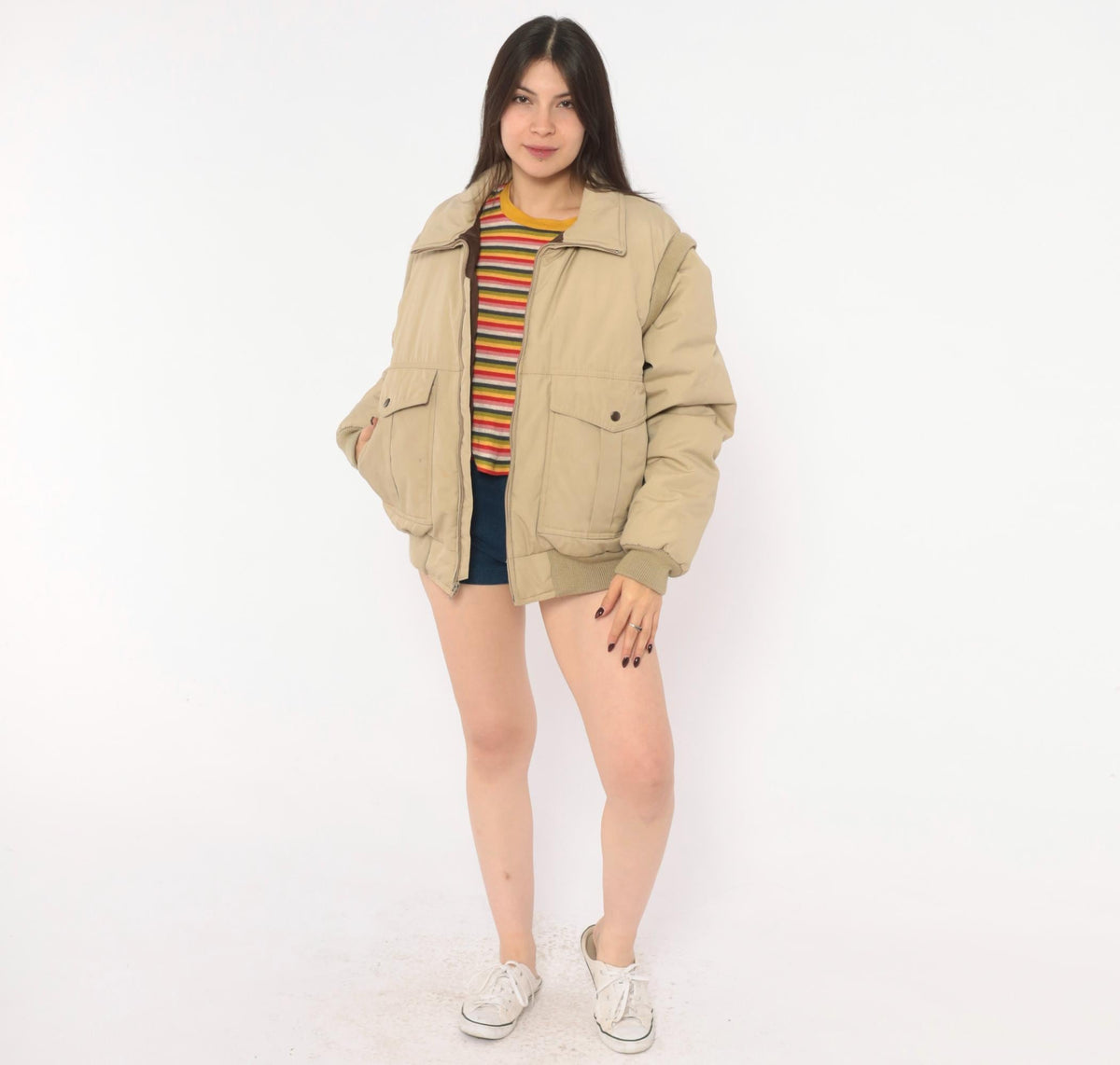 70s Natural High Down Bomber Jacket Convertible Zip-Off Sleeves Tan Medium