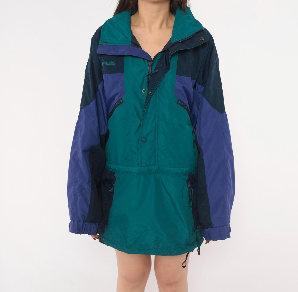 90s Columbia Anorak Navy Teal Purple Color Block Windbreaker Half Zip Small