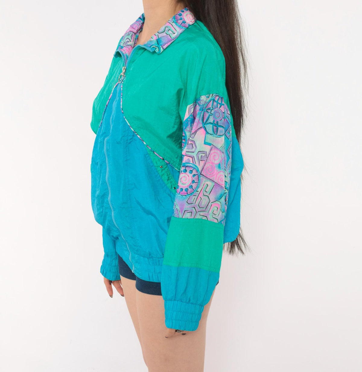 90s Otello Pelle Teal Windbreaker Geometric Color Block Jacket Medium