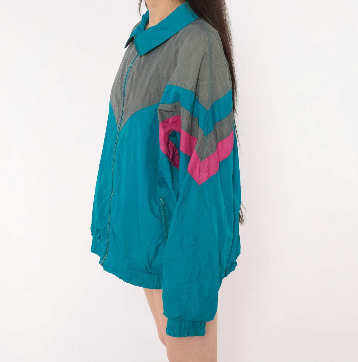 90s Pacific Sports Windbreaker Teal Blue Chevron Colorblock Jacket Large L