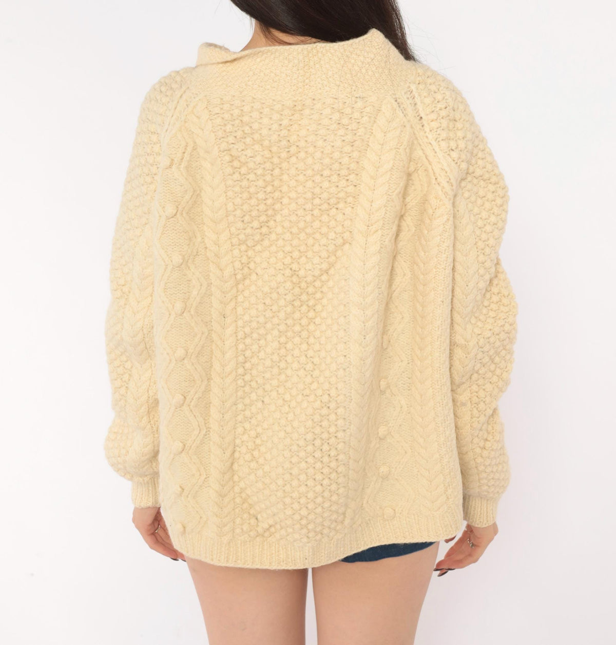80s Cream Cable Knit Wool Cardigan Fisherman Collar Button Front Large L