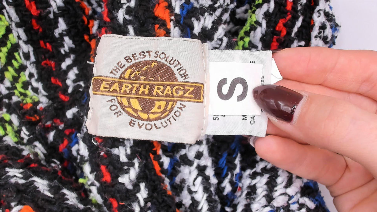 90s Earth Ragz Baja Hoodie Black Rainbow Striped Woven Pullover Extra Small XS