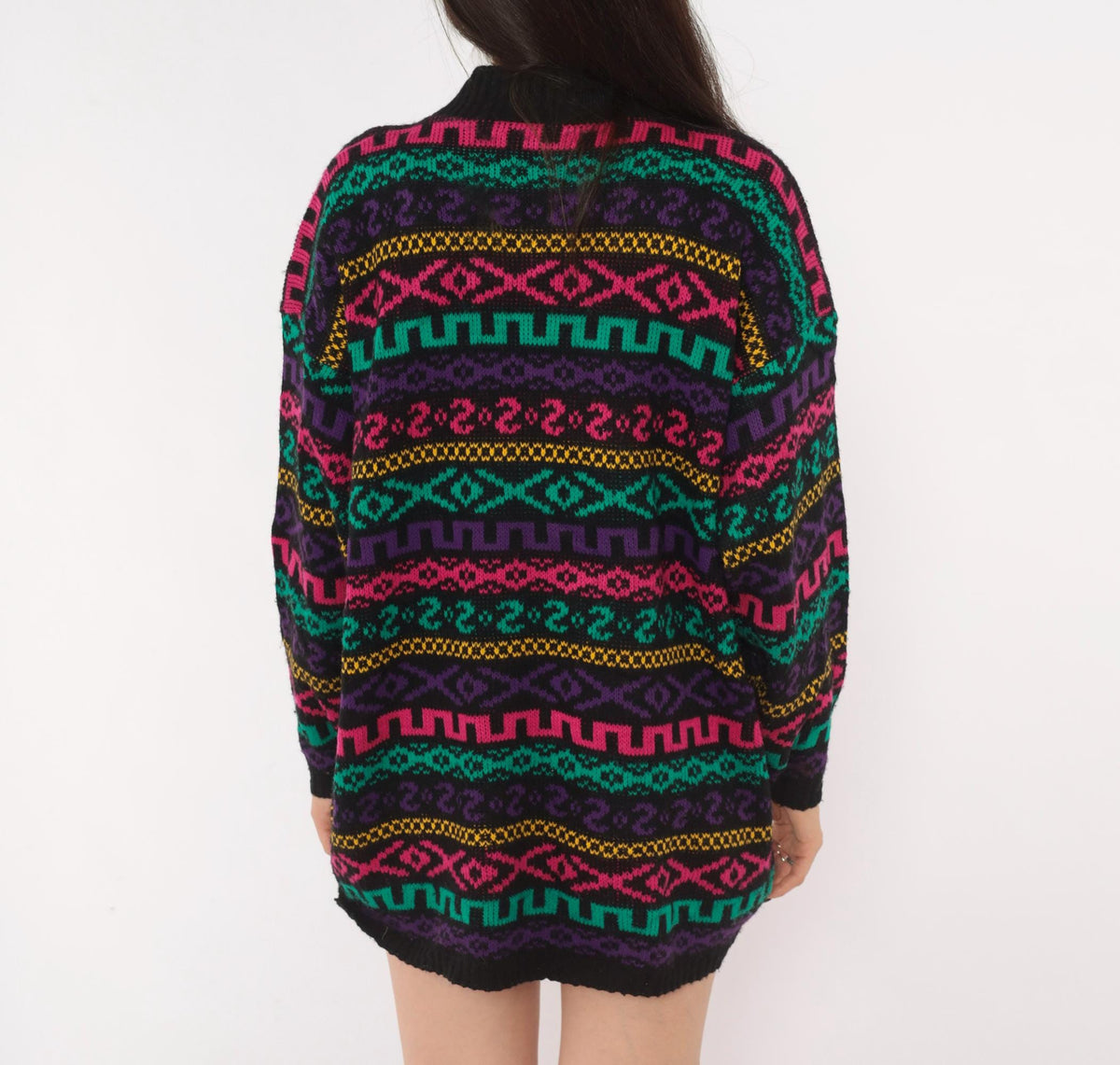 90s Private Eyes Fair Isle Sweater Black Rainbow Geometric Knit Large L