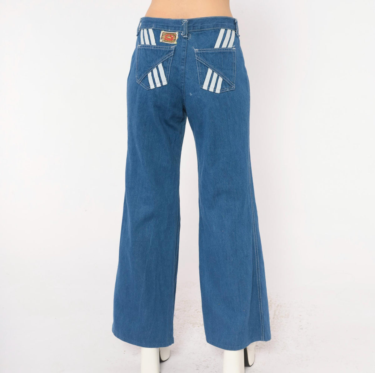 70s Viceroy Sportswear Bell Bottom Jeans Blue Denim White Stripe Medium