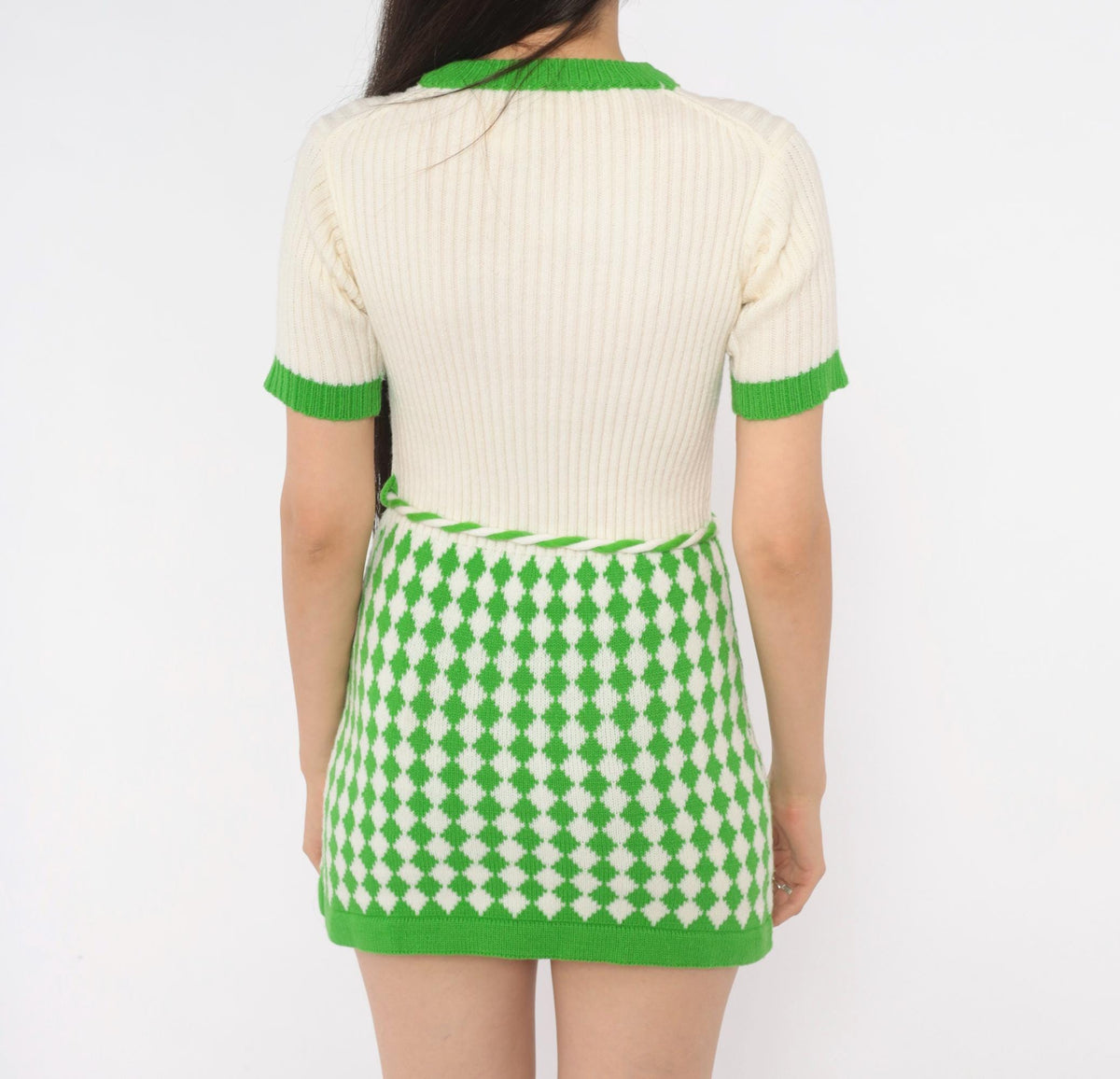70s Alyssa Knit Mini Dress Green Cream Diamond Argyle Short Sleeve Extra Small XS