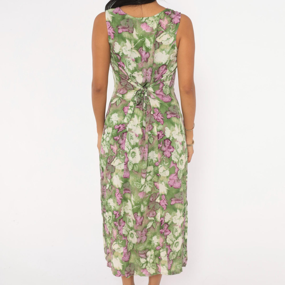 90s Caroline Wells Floral Midi Dress Green Purple Watercolor Small S