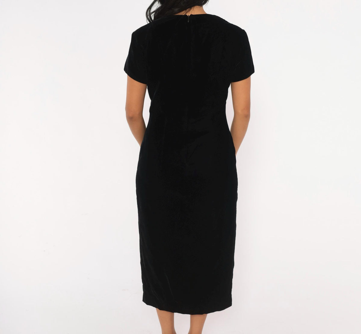 90s Sara Campbell Velvet Midi Dress Black Square Neck Short Sleeve Small S