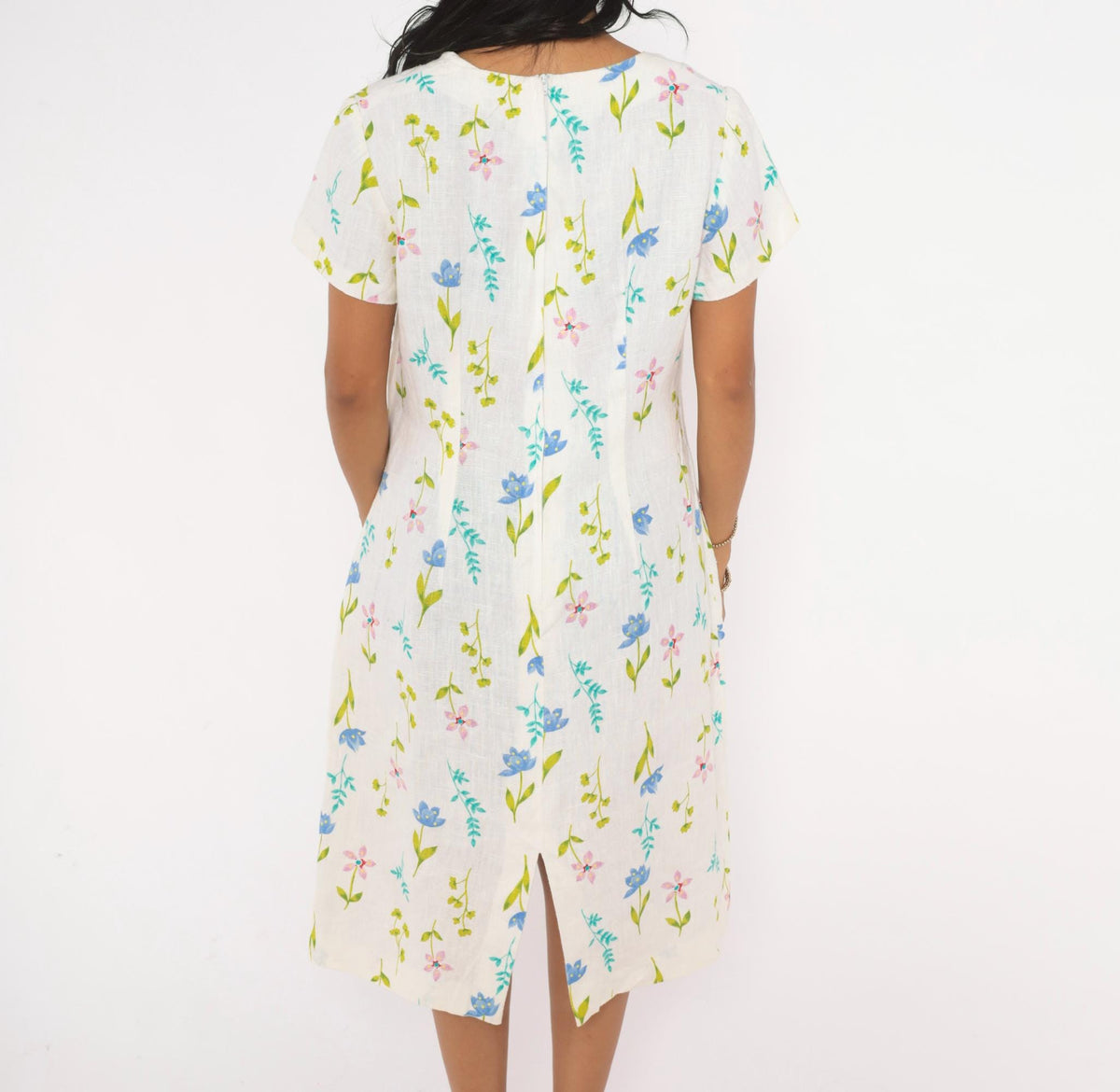 90s White Linen Floral Wildflower Dress V Neck Flutter Sleeve Knee Length Large L