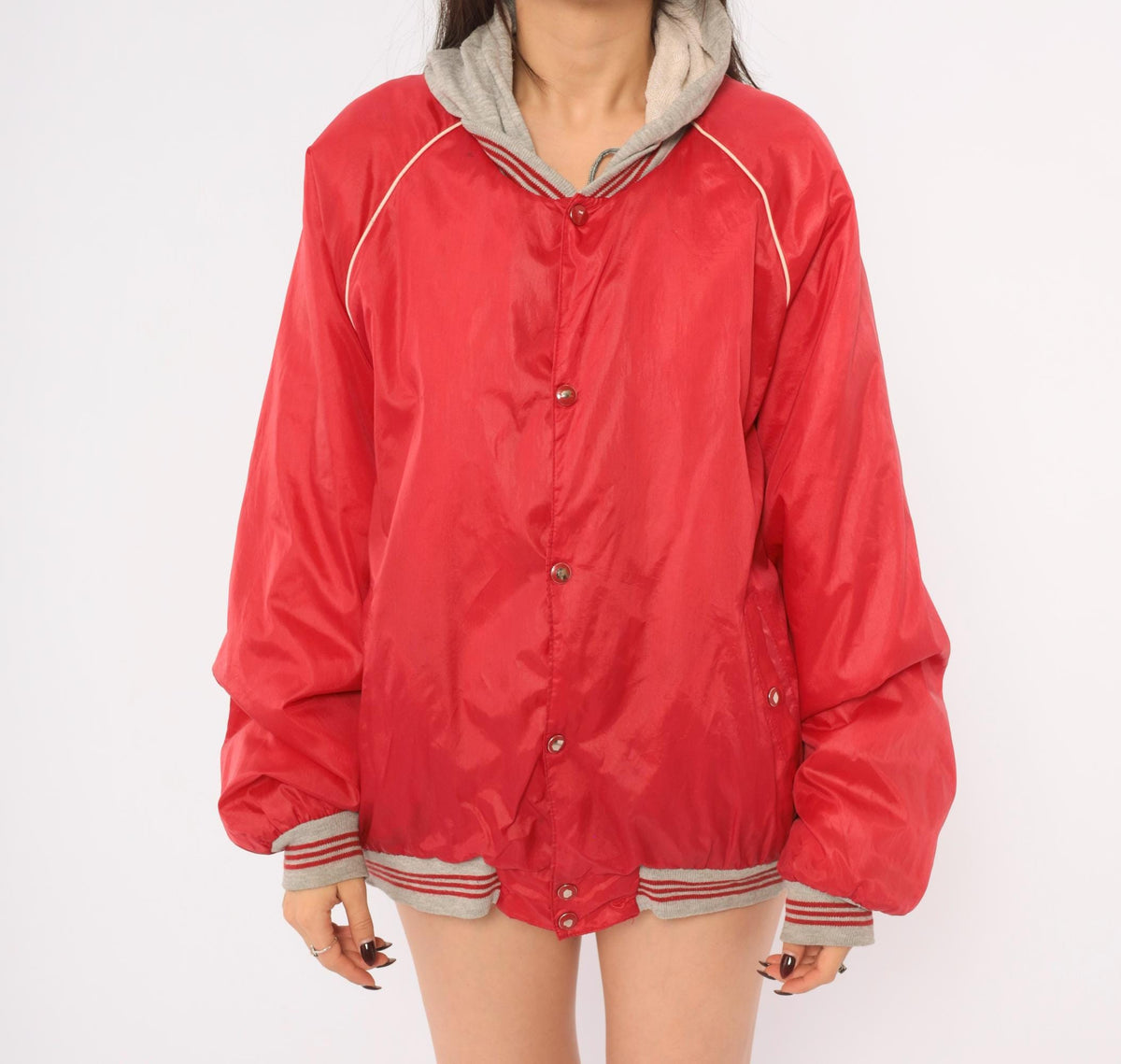 80s Bass Pro Shops Hooded Bomber Jacket Red Grey Raglan Windbreaker Medium